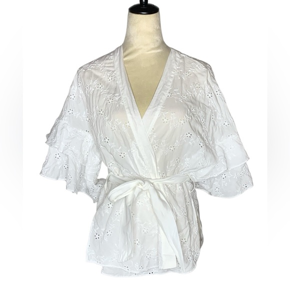 Zara Eyelet White Ruffled Wrap Blouse with Bell Sleeves - Picture 1 of 5